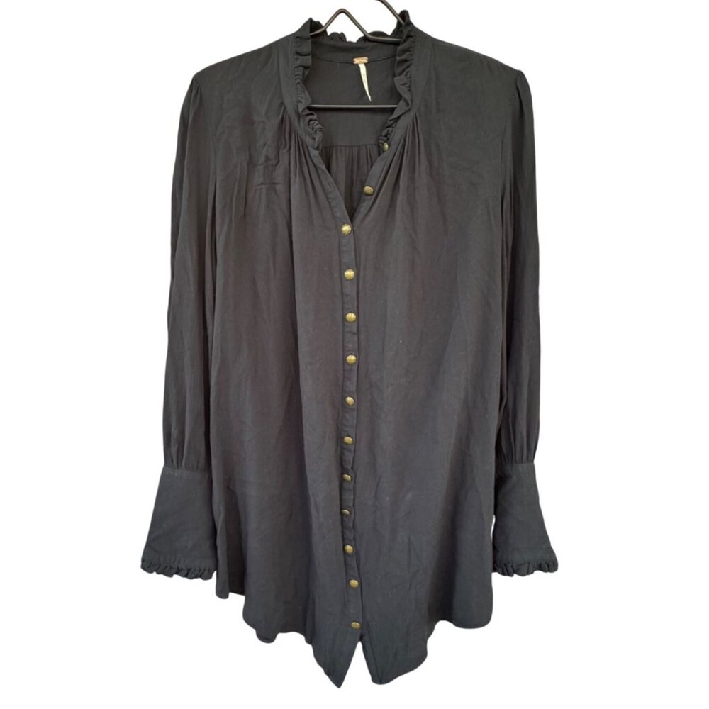 Free People Women's Medium Black Long Sleeve Button Up Ruffle